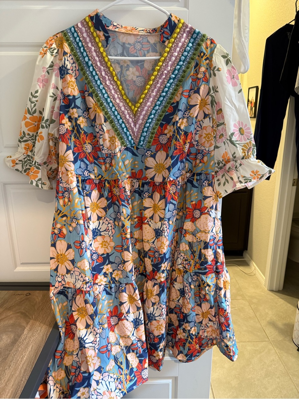 Girls Floral Tiered V-Neck Dress with Embellished Trim - Blue Multi